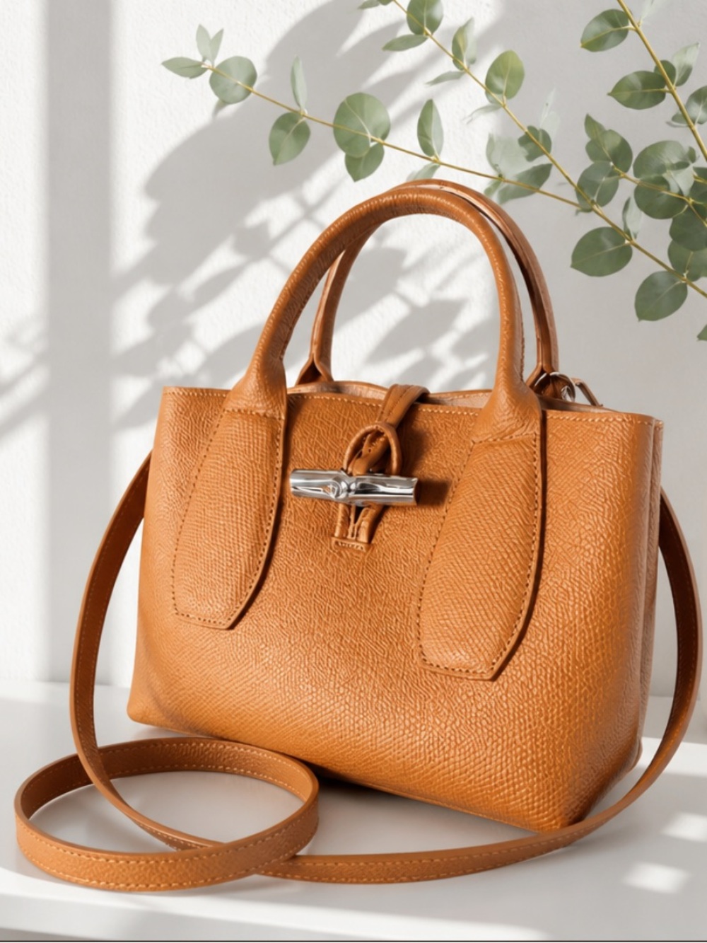 Longchamp Roseau 2 Way Camel Leather Satchel with Top Handle/ Crossbody Strap.